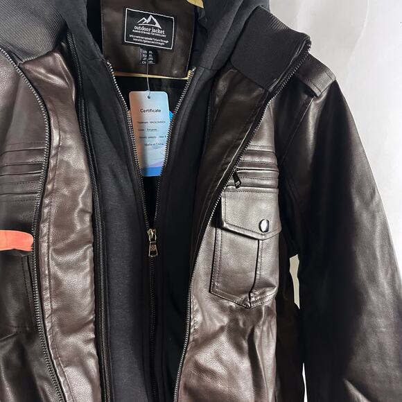 MagcoMsen Faux Leather Jacket Brown Layered Removable Hood Moto Sz XL Men's - Picture 11 of 13